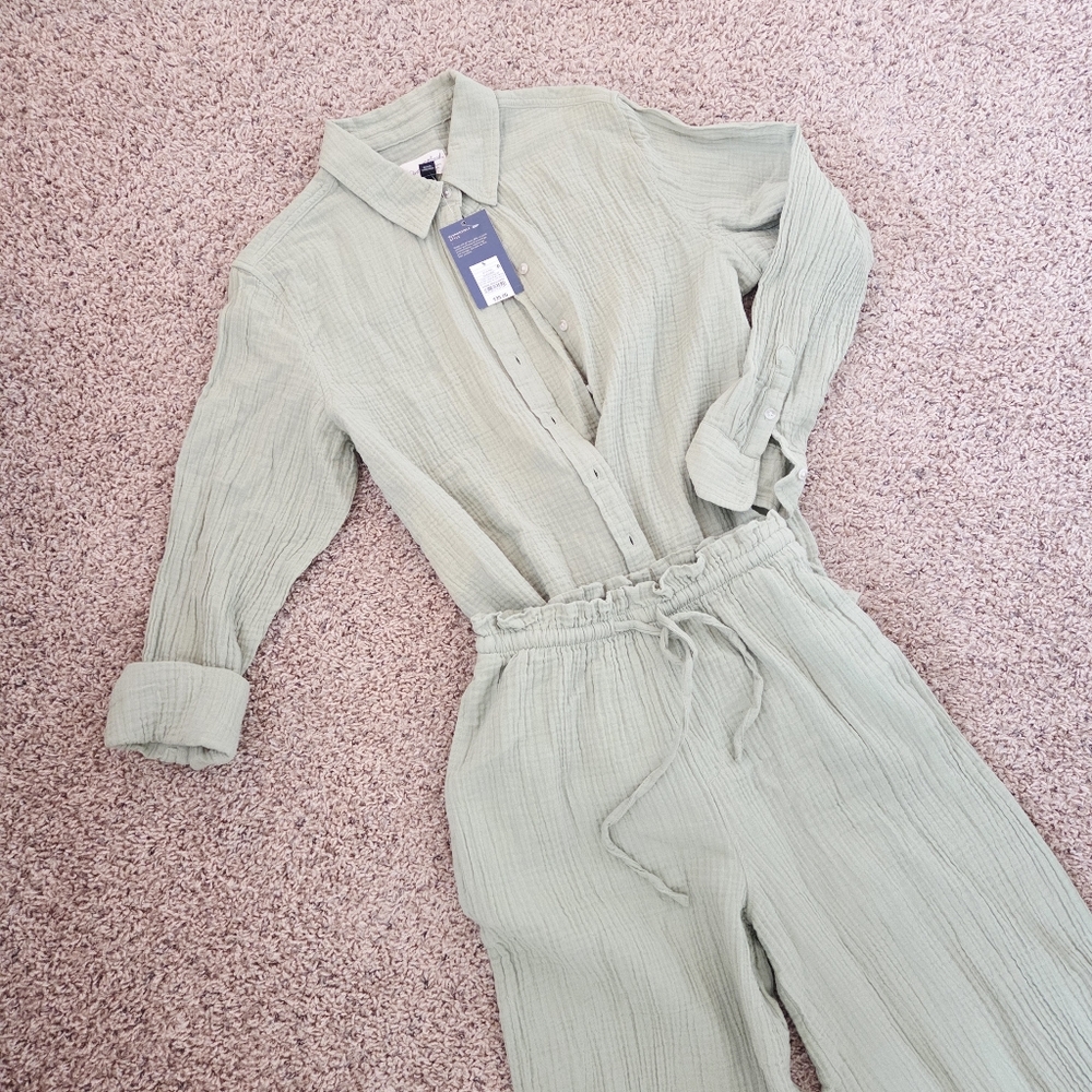2 Pieces Gauze Collared Button-Down Shirt & Pants Universal Thread Olive Green